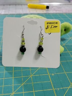 Green and Black Beaded Dangle Earrings - Women Jewelry